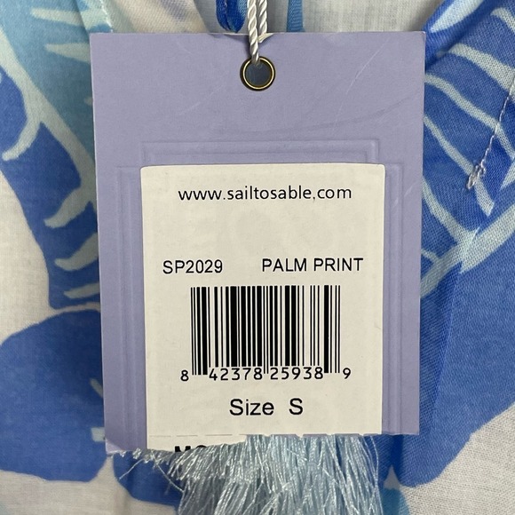 NWT STS Sail to Sable Palm Print Blue White Long Sleeve Top Sz S Tassel Neck Tie - Picture 4 of 9